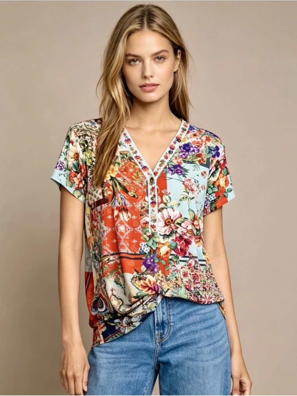 Johnny Was Women’s 2X Otti Button Neck Tee $138
